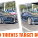 Two screenshots showing a moped rider attacking a Bugatti in London.
